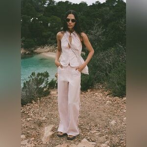 Mango Straight Pants w/ Side Slits & Bows | Linen Blend | Size M (US 6) | New